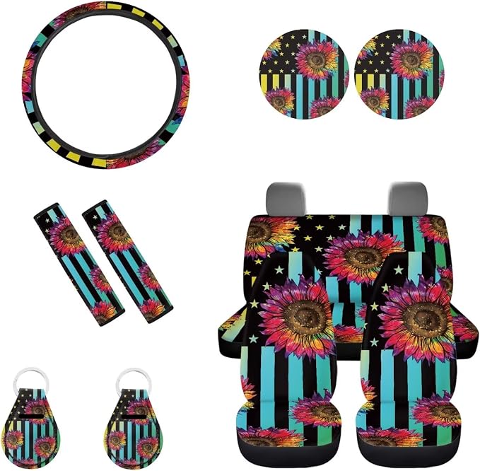 POLERO American Flag Sunflower Seat Covers for Cars for July 4th Tiedye Sunflower USA Flag Steering Wheel Cover Soft Seatbelt Pads Cute Keyrings & Coasters Full Set 11 Pack