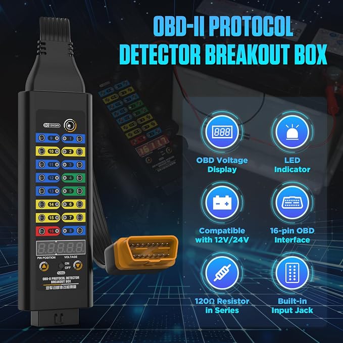 OBD2 Breakout Box, OBDII Protocol Detector with 16-Pin Full Connection,120Ω CAN Resistor, 4mm Banana Jack Multi-Function Jumper for Automotive Diagnostics, ECU Testing,Power Ground Monitoring