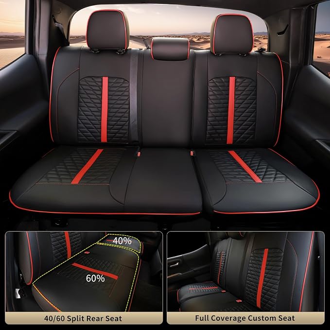 Car Seat Covers Fit for Toyota Tacoma 2016-2023 3rd Gen Double & Crew Cab SR SR5 Limited TRD Sport/Pro/Off Road Full Set,Waterproof Breathable Leather Full Coverage (Red Black)