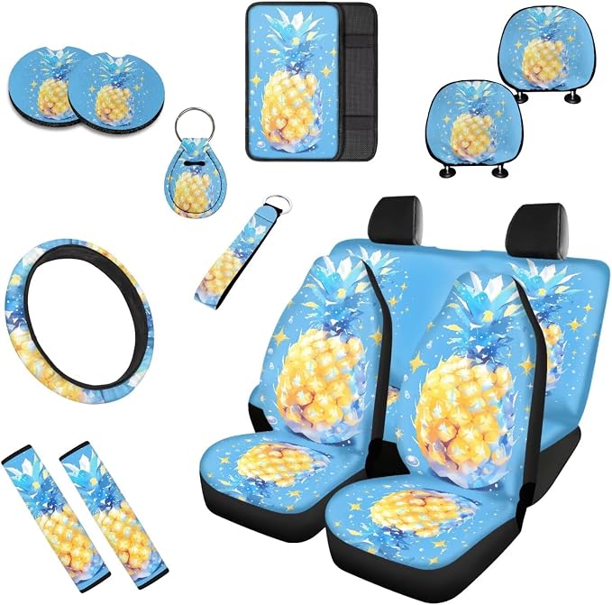 Pineapple 13 Pcs Car Seat Covers Full Set, Galaxy Fruit Auto Front and Rear Bench Seat Protector, Yellow Tropital Fruit Steering Wheel Sleeve Auto Armrest Cover