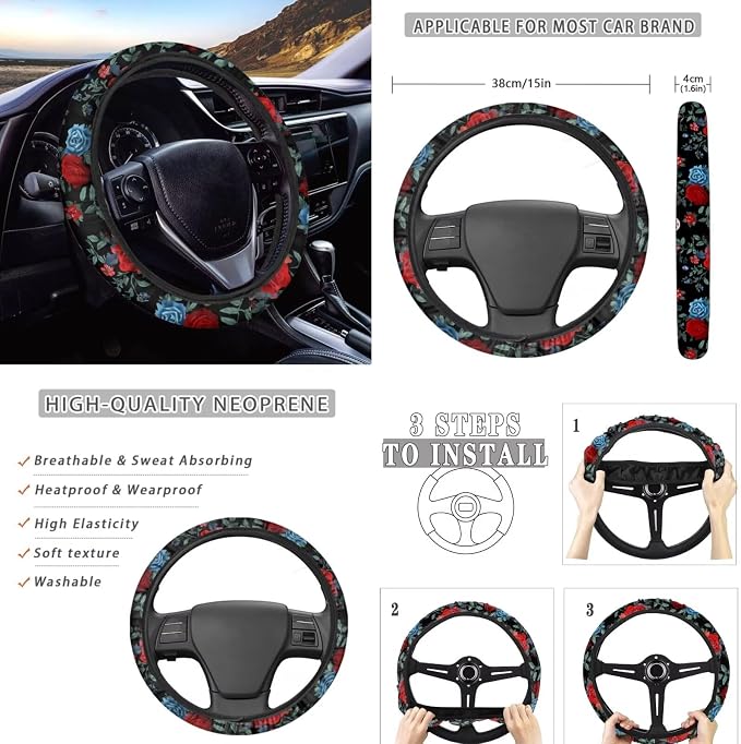 Skull Rose Design Car Seat Cover Full Set with Car Steering Wheel Cover, Auto Armrest Pad Protector, Auto Seat Belt Pads, Automotive Interior Accessories Set of 8, Helloween Decorations