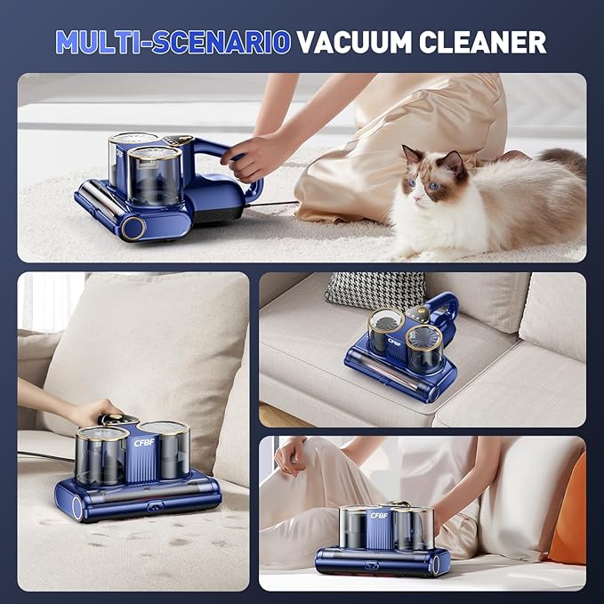 CFBF Mattress Vacuum Cleaner, Bed Vacuum Cleaner with 16Kpa Suction 253.7nm UV-C Light, Ultrasonic & High Heating, 500W Powerful Double-Cup Handheld Vacuums for Bed, Sofa, Couch, Crib, 16.4FT Corded