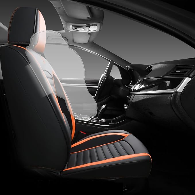 BGYFDU03 Seat Cover 5-Seater Full Set, Universal Type, Suitable for Most Cars Pickup Ttrucks Airbags Compatible with Synthetic Leather Car Seat Cushion Protectors (Black-Orange)