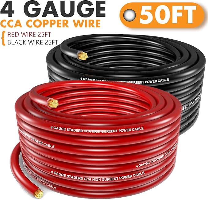 Jeemiter 4 Gauge Red Black Power Wire Kit (25ft Each) | Total 50ft CCA Cable for Full Stereo Install & Battery Relocation | with Heat Shrink & Connectors