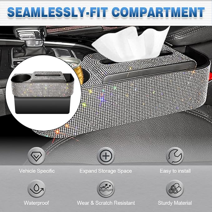 Auto Gap Filler Multifunctional Car Seat Organizer, Multi-Function Tissue Storage Box w/Cup Holder, Auto Console Side Storage Box, White Rhinestone - White