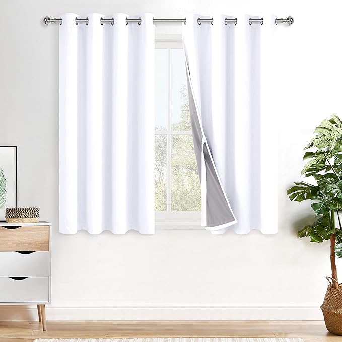 XWZO 100% Blackout Curtains with Tiebacks- Double Layers Completely Shaded Window Panels Thermal Insulated Lined Drapes with Grommets for Bedroom/Living Room, White, W52 x L54, Set of 2 Panels