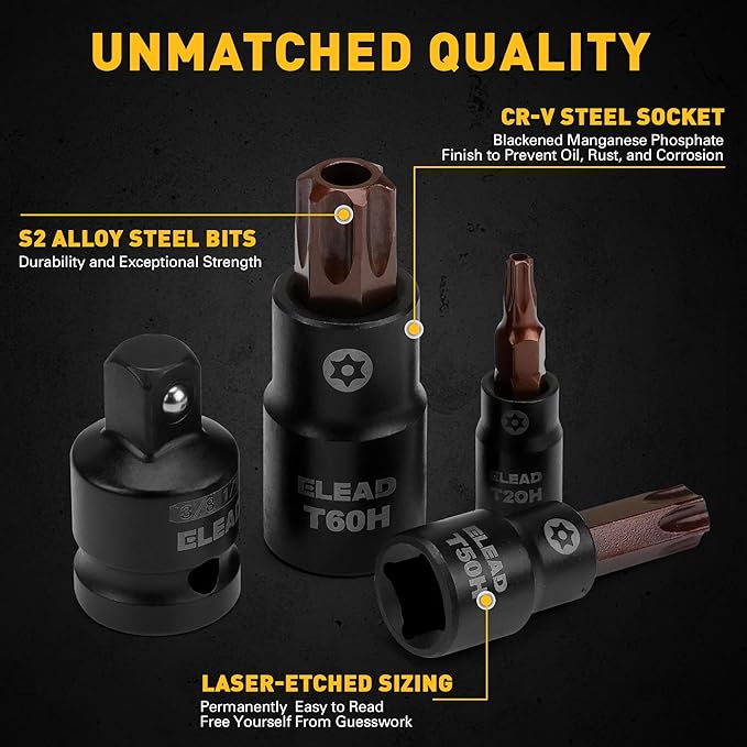16-Piece Torx Bit Socket Set - Premium S2 Steel European Style T8-T60 with Socket Adapters, Star Bit Socket Set 1/4”, 3/8” and 1/2” Drive | Professional Mechanic Garage Tools