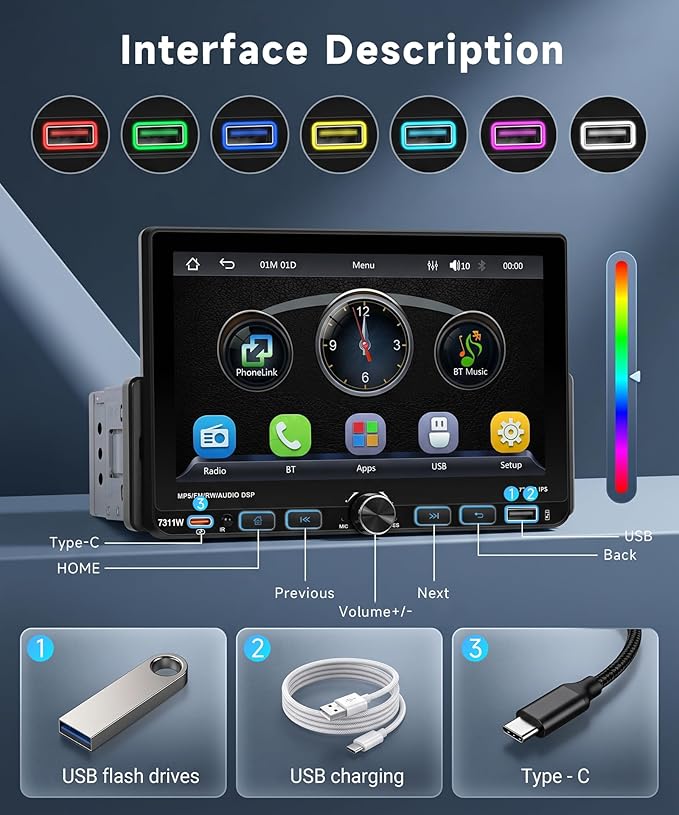 Single Din Radio Car Stereo with Wireless/Wired CarPlay & Android Auto, 7'' Single Din Touchscreen with BT,Mirror Link,FM/AM/RDS,EQ,USB/Type-C,Rear View Camera,SWC,Mic