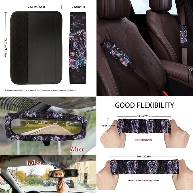 Suobstales Horse Flower Print 13 Pieces Car Accessories Auto Seat Covers Set with Steering Wheel Cover, Seatbelt Pads, Coasters, Keychains, Car Trash Bin, Rearview Mirror Cover for SUV Van