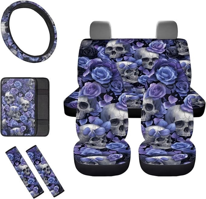 Purple Rose Skull Car Seat Covers Full Set 8 Pcs Car Accessories for Women Front Seat Cover Steering Wheel Armrest Cover Seat Belt Cover for Auto SUV Interior Decoration