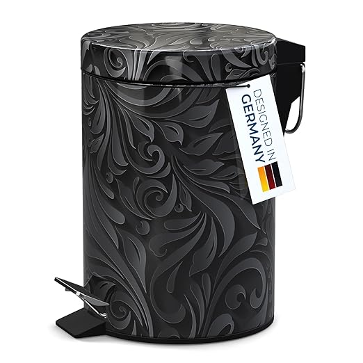 Sanilo Small Bathroom Trash Can with Lid [1.3 Gallon] - Lidded Tiny Trashcan for Garbage - Mini Metal Bin with Soft Closing Mechanism - Bath Room Accessoire Wastebin with Inner Bucket (Floral)