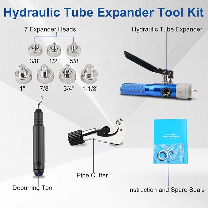 Hydraulic Tube Expander Swaging Tool HVAC Set with 7 Expander Heads | 3/8In to 1-1/8In OD Pipe Expander Tools, Flaring Tool HVAC for Expander Copper/Aluminum/Soft Steel Pipe