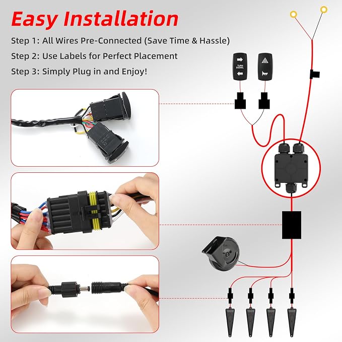 UTV Turn Signal Kit with 110DB Horn, Pre-Wired, Plug and Play ATV UTV Blinker with Rocker Switch, Universal UTV Street Legal Kit Compatible with Polaris, Can Am, CFMOTO, Arctic Cat