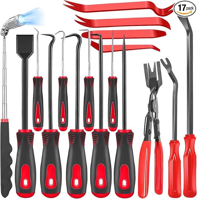 XBVV 17 Pcs Pick and Hook Set with Trim Removal Tool, Clip Pliers, Fastener Remover,Scraper,and Magnetic Telescoping Tool Kit for Repair Automotive,Upholstery and Electronics Maintenance Pick Tools