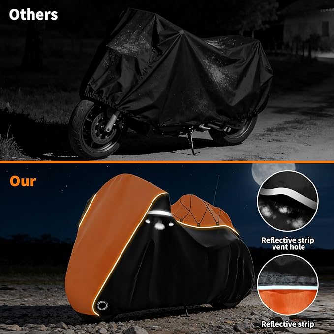 COVERVIN Motorcycle Cover with Side+Top Box Heavy Duty 420D Waterproof for Harley Davidson Ultra Ltd, Road Glide Ltd, Honda Gold Wing, Road Master, Indian, Indoor & Outdoor Storage (Black&Orange)
