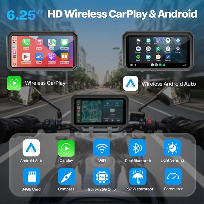 WonVon Motorcycle CarPlay Screen with Android Auto – 6.25” Waterproof GPS Pantalla para Moto Apple CarPlay Navigation System for Motorcycle, Dual 2K Dash Cam Bluetooth Audio & TPMS with Magnetic Mount