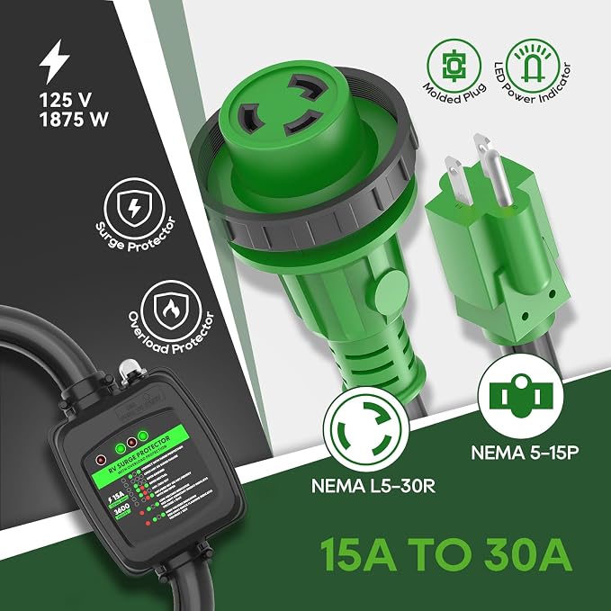 RVGUARD Surge Protector 30 Amp to 110 Volt RV Adapter Cord with Overload Protection, NEMA 5-15P to NEMA L5-30R Electrical Power Adapter, 2 Feet, Green, ETL Listed