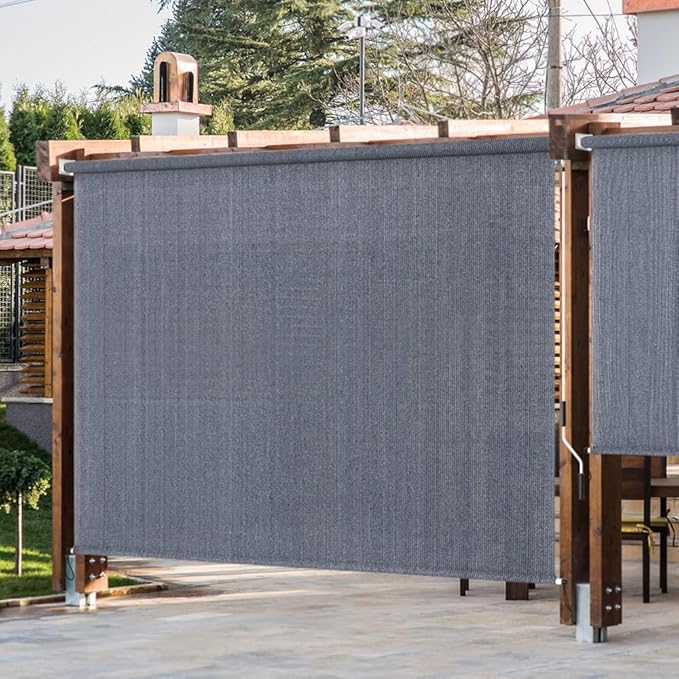 KELIXU Patio Shades Roll Up Outdoor Blind, 8' W x 6' H Cordless Sun Shade Privacy Screen with 90% UV Protection Exterior Roller Shade Cloth for Porch Pergola Backyard Windows Balcony, Blue-Gray