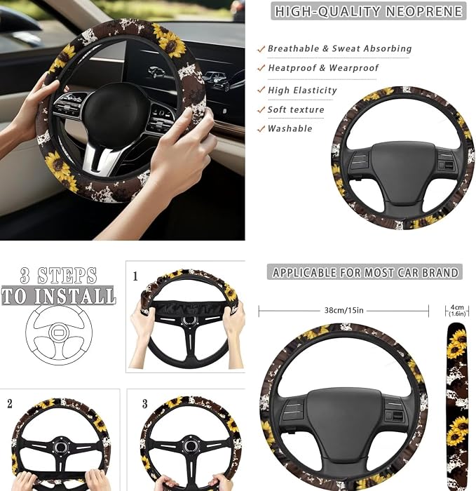 Sunflower Cow Print 12 Pack Car Accessories Set with Car Seat Covers Full Set Steering Wheel Cover Center Console Cover Auto Seat Belt Cover Gear Lever Cover Fit for Cars SUV