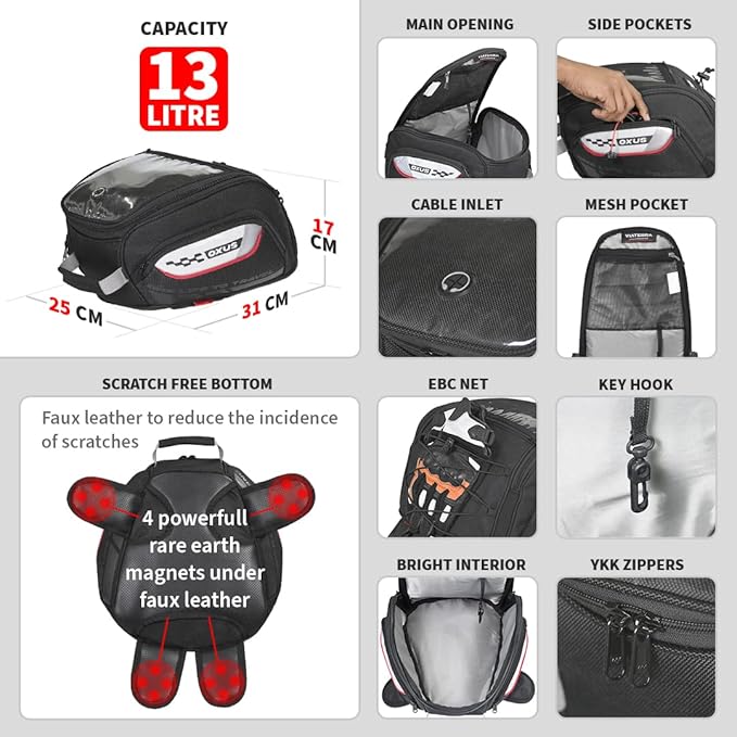 ViaTerra Oxus Magnetic Motorcycle Tank Bag |13L Capacity, Converts to Backpack, Scratch-Free Base, EBC Net, External Rain Cover | Universal Fit for Touring & Adventure Riding
