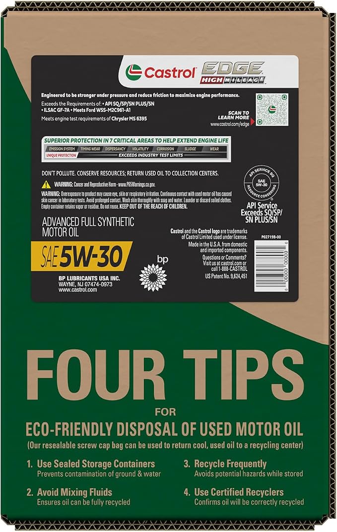 Castrol EDGE High Mileage 5W-30 Advanced Full Synthetic Motor Oil, 6 Quarts EcoPack