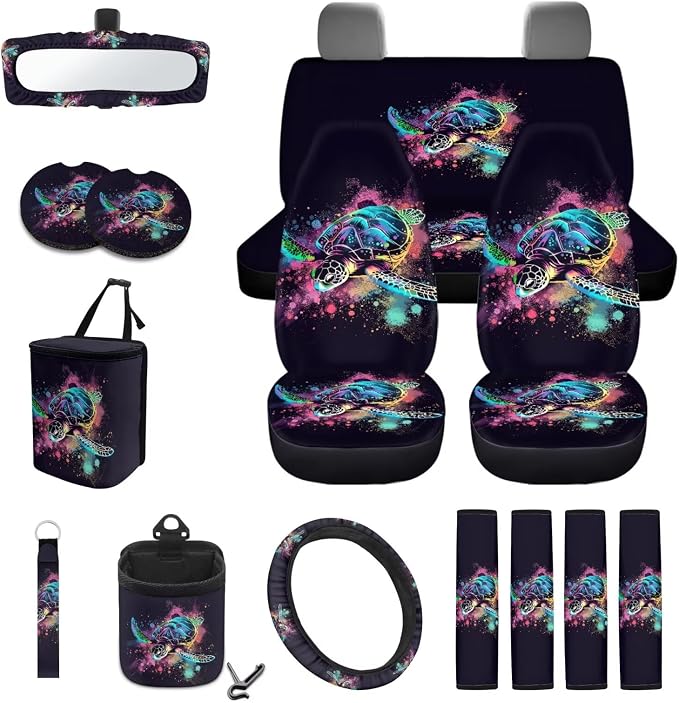 Turtle Paint Spatter Print Car Accessories Set of 15, Auto Seat Protector Steering Wheel Cushion Seat Belt Pad Air Vent Bag Trash Can Keychain Mirror Cover Cup Coasters