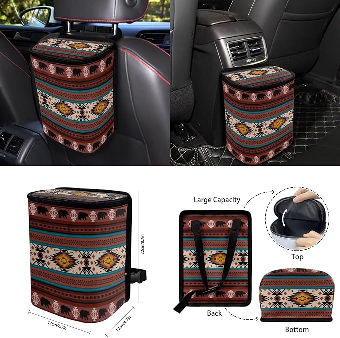 Red Tribal Horse Car Seat Covers Set of 15 with Universal Steering Wheel Cover, Rearview Mirror Cover, Car Trash Can, Seatbelt Pads, Cup Holder Coasters, Keychains
