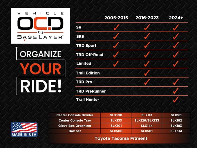 Vehicle OCD – Center Console Organizer & Glove Box Organizer for Toyota Tacoma (2024-2025) – Made in USA