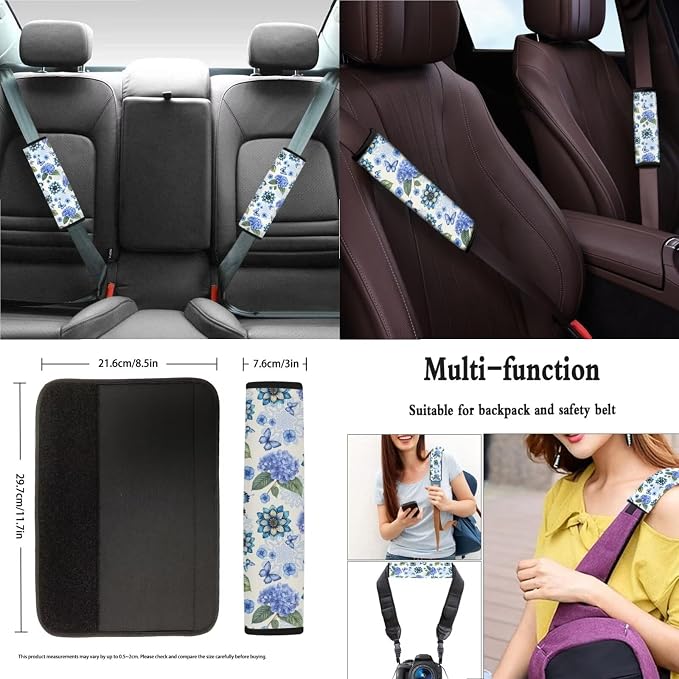 Xoenoiee Butterfly Mandala Hydrangea Floral Print 11 Pack Universal Car Seat Covers Front & Rear Car Interior Accessories with Steering Wheel Cover, Seat Belt Pads, Cup Coaster, Key Chains