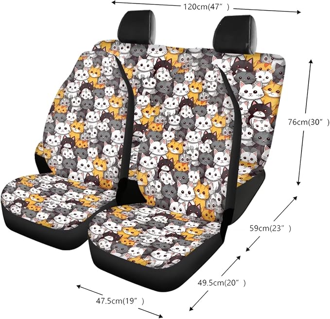 Cat Pattern Women’s 13 Pieces Car Accessories, 4 Pieces Auto Seat Covers with Elastic Backing, 1 Piece Steering Wheel Cover, 4 Safe Belt Pads, 4 Cup Coasters as Gift for Family Friend