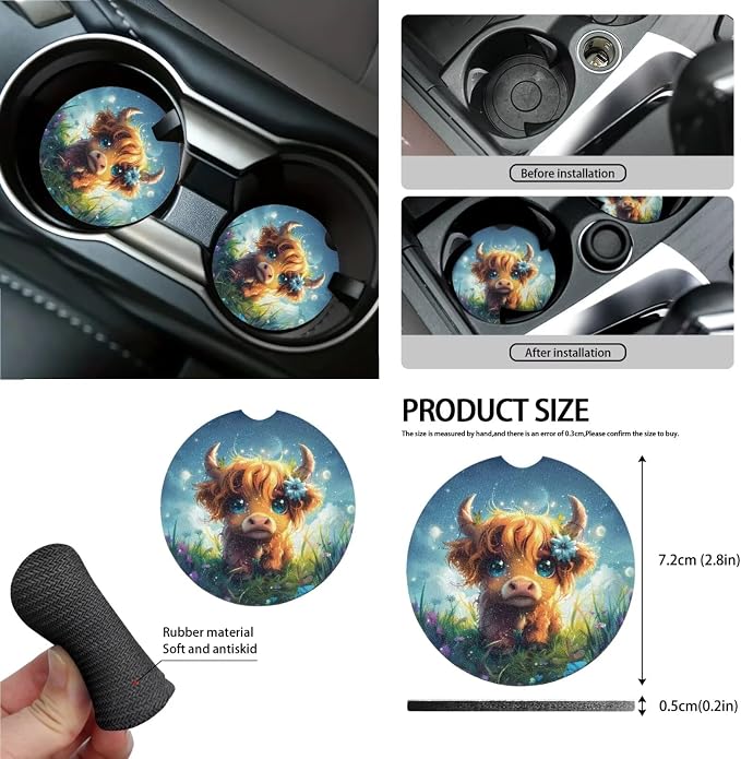 Wanyint Cute Highland Cow 15 PCS Car Seat Cover Full Set, with Steering Wheel Cover Seat Belt Covers Trash Can Air Vent Phone Holder Rear View Mirror Cover Coasters Key Chain Car Interior Accessories