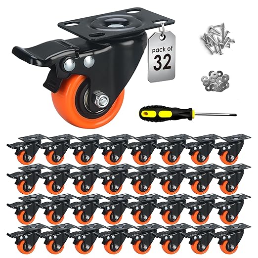 2" Caster Wheels Set of 32, Heavy Duty with Brake | No Noise, Locking, Polyurethane (PU) Wheels, Swivel Plate, Orange, Pack of 32