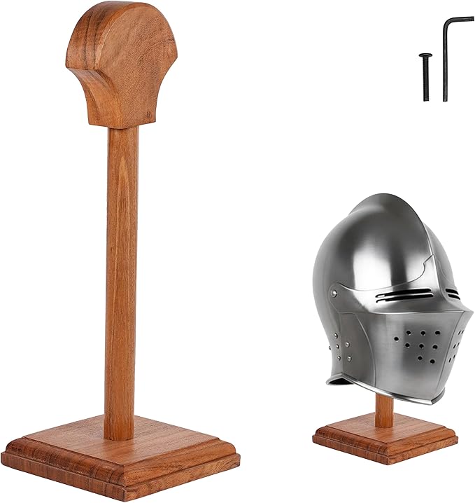 Mythrojan Wooden Helmet Stand Display Décor Stand For Spartan, Templar, Motorcycle, Caps, Hat Decorative Desktop Hanger Rack LARP Helmet Stand, 14 Inch - Natural