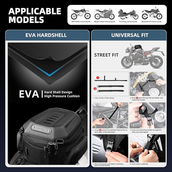 Rhinowalk Motorcycle Tank Bag, 15-18L Expandable Motorcycle Storage, Waterproof All Weather-Matte Black