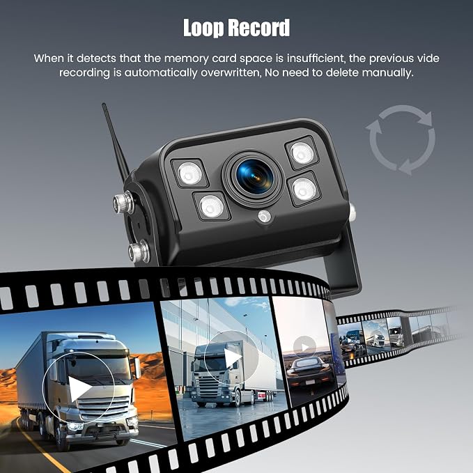 9 Inch Monitor Wireless Backup Camera System with Loop Recording, 12-24V for Truck, Trailer, RV, Bus Reversing Camera IP68 Waterproof Night Vision, Waterproof Back Up Camera Kit
