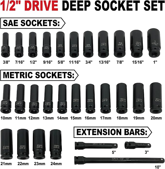 29pcs 1/2" Drive Impact Socket Set, Deep & Standard Sockets with Extension Bars, Cr-V Steel, SAE 3/8"-1", Metric 10mm-24mm