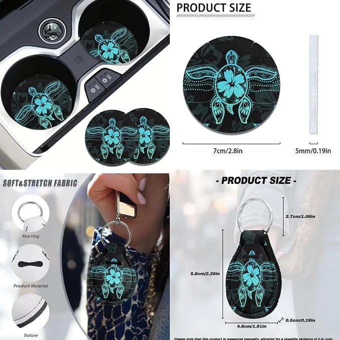 Ystardream Art Sea Turtle Car Seat Cover Full Set 11 Pcs with Steering Wheel Cover, Auto Seat Belt Covers Keychain & Cup Holder Pads, Universal Fit for SUV Sedan Truck, Protective Interior, Blcak