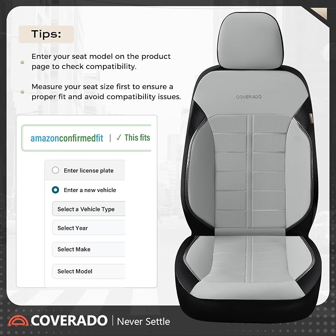 Coverado Full Set Leather Car Seat Covers, Crafted with Full Leather Construction and Carbon Fibre Weave Universal Fit for Most Cars SUV Trucks(Gray