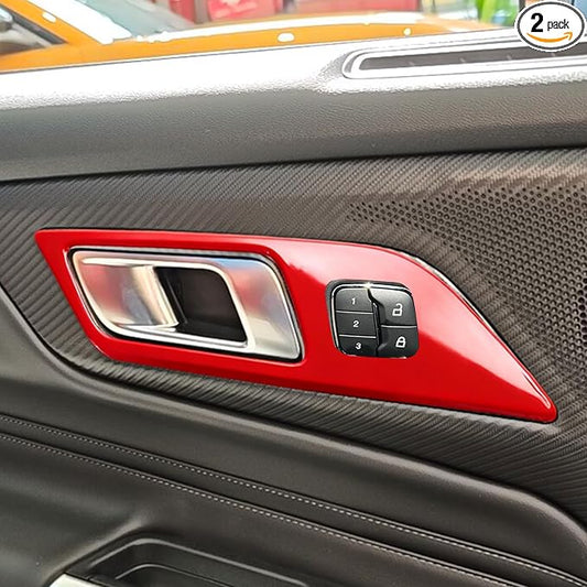 MUXEE Inner Door Handle Cover，for Ford Mustang 2024-2026 / Shelby GT350 2015-2020 / GT500 2020-2022，ABS Wine red Decal Interior Trim Cover Accessories (with Memory seat Button Style)
