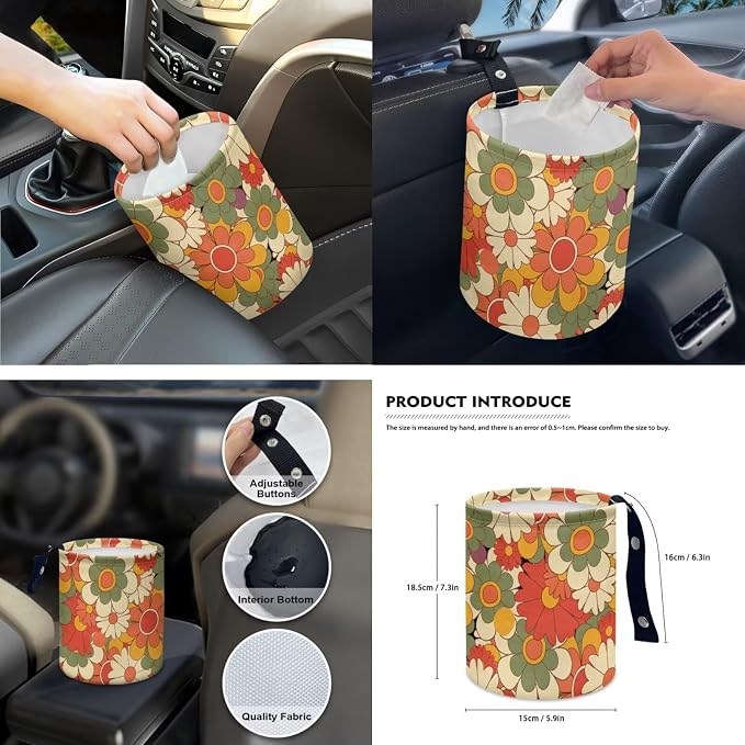 15 Pcs Abstract Groovy Flower Car Seat Cover Full Set for Women with Car Steering Wheel Cover Seat Belt Cover Trash Bin Front Rear View Mirror Car Cup Holder Keychain