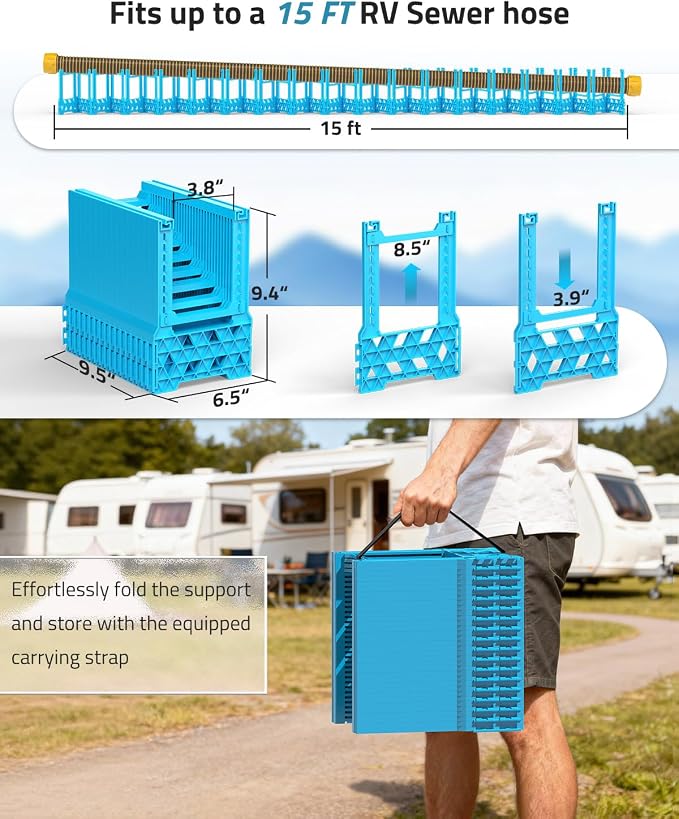 PAULINN 15FT RV Camper Sewer Hose Support, Height Adjustable Sewer Hose Support for RV Camper, Deep Cradles Design, Quick Setup and Takedown, w/Secure Rubber Band & Carrying Strap