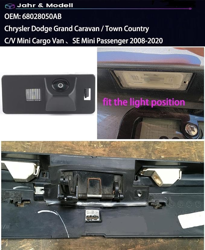 Car HD Waterproof Backup Reverse Rear-View License Plate Reverse Parking Camera, Vehicle Safety Assistant System, for Chrysler and Dodge Grand Caravan/Town Country 2008-2020 (OEM: 68028050AB)