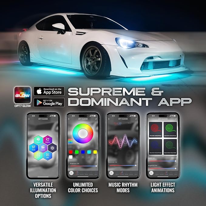 OPT7 Interior Bundle w/Underglow LED Lights for Cars Trucks with App & Remote Control, Music Sound Sync, Neon Underbody Lighting Kit, RGB Multicolor Car Ambient Decor
