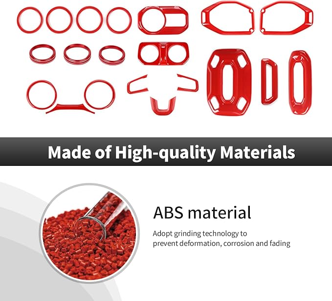 CheroCar Red 20PCS Interior Trim Kit for Jeep Wrangler JL JLU & JT Gladiator 2018-2023,Dashboard,Steering Button Frame,AC Switch,Roof Speaker,Reading Light,Headlight Switch,Rear Air Vent Trim