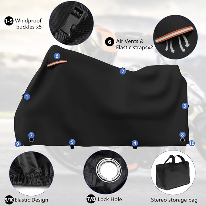 STARTWO Motorcycle Covers Waterproof Outdoor Storage Heavy Duty All Season Universal Vehicle Cover for Harley Davidson Sport, Cruisers, Softail, Adventure Series and Most Motorcycles 96"x43"x55" Black