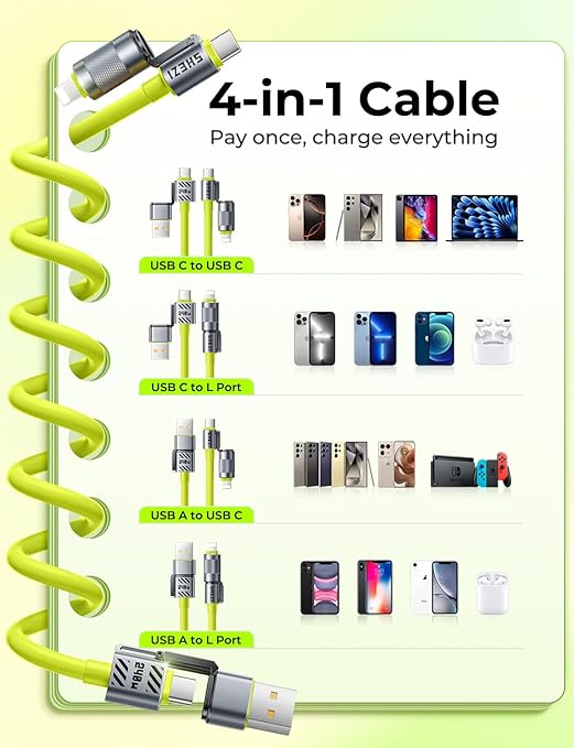 Coiled Green Cable 4-in-1 USB C Cable 240W Compatible with Lightning Cable Fast Charging & Data Transfer, Support to CarPlay & Android Auto, 5FT Multi Cord Combo Charger for iPhone/iPad