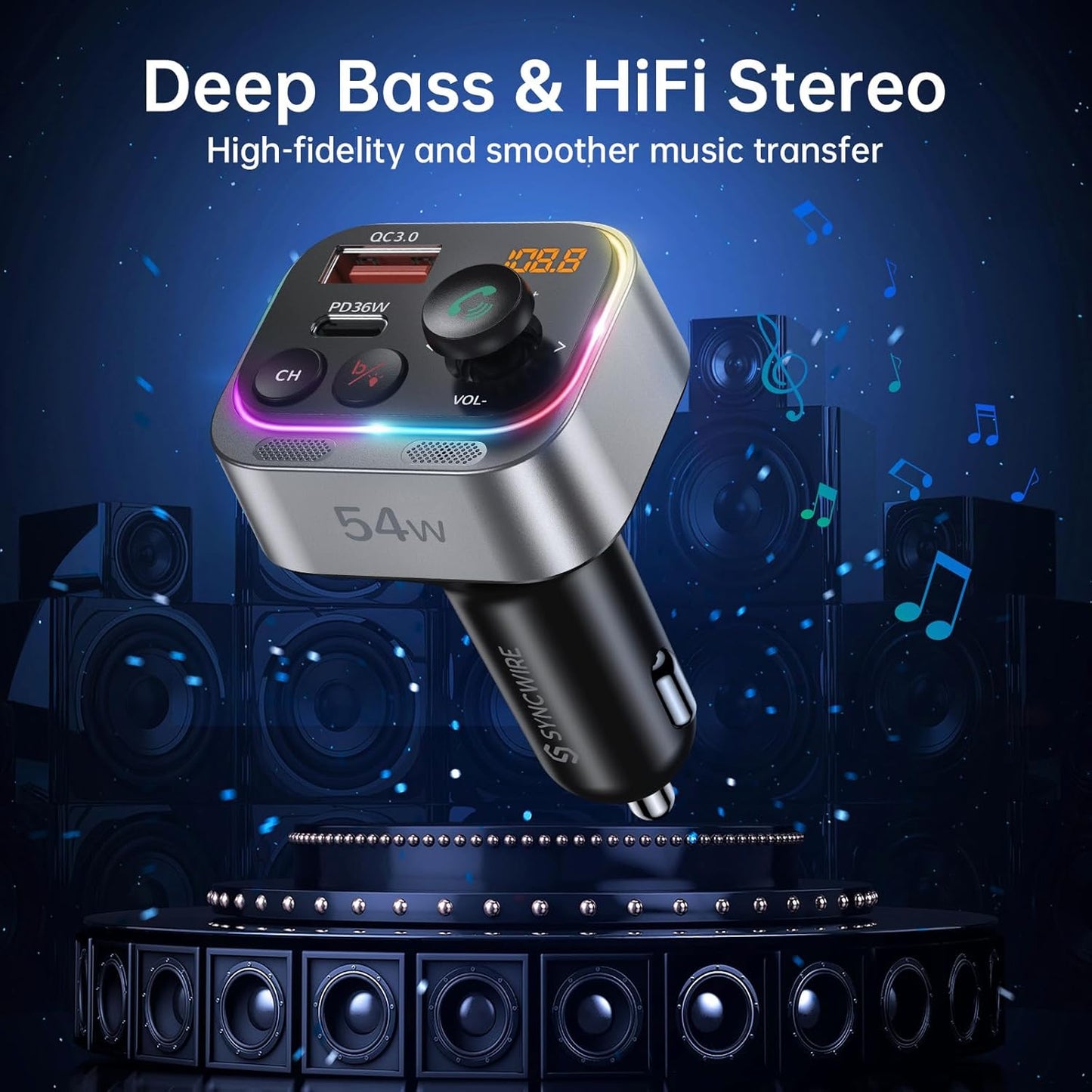 Syncwire Bluetooth 5.4 FM Transmitter Car Adapter 54W (PD 36W & 18W) [Stronger Dual Mics] [Light Switch] [HiFi Bass Sound] [Fast Charging] Wireless Radio Receiver Hands-Free Calling LED Display