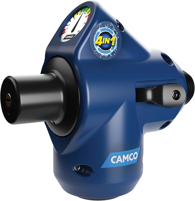Camco Tastepure 4-in-1 Adjustable RV Water Pressure Regulator - Combines a 90° RV Hose Elbow Design, Pressure Gauge, Adjustable Regulator, & Shut-Off Valve in One RV Accessory (40065)