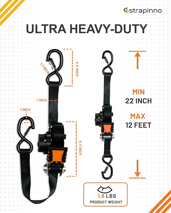 Strapinno Retractable Ratchet Straps - 1 in x 12 ft Heavy Duty Tie Downs, 1800lbs Breaking Strength Each, S Hooks with Safety Clip, AutoRetract, for Moving, Motorcycle, Boat, Kayak, and Cargo (4 PCS)