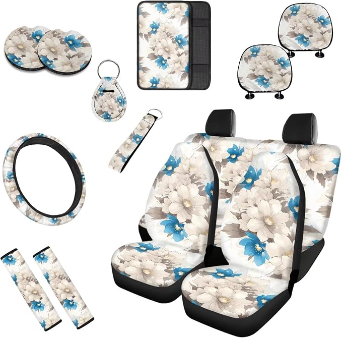 13 Pack Jasmine Flower Car Seat Cover, Jasmine Flowers Blue White Steering Wheel Cover, Vintage Floral Durable Car Seat Protectors Seatbelt Covers Keychain